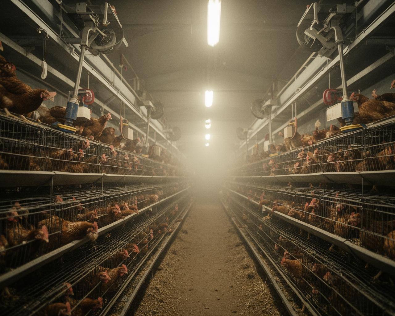 Rows of battery cages with hens inside a dim factory farm facility.