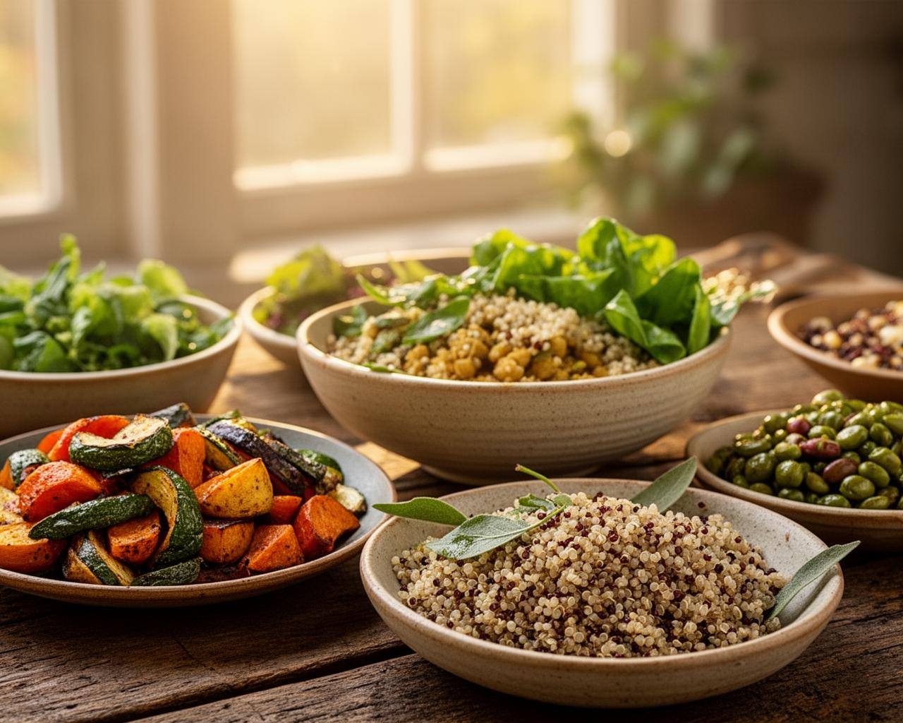 Vibrant vegan meal on rustic table with roasted vegetables and grains
