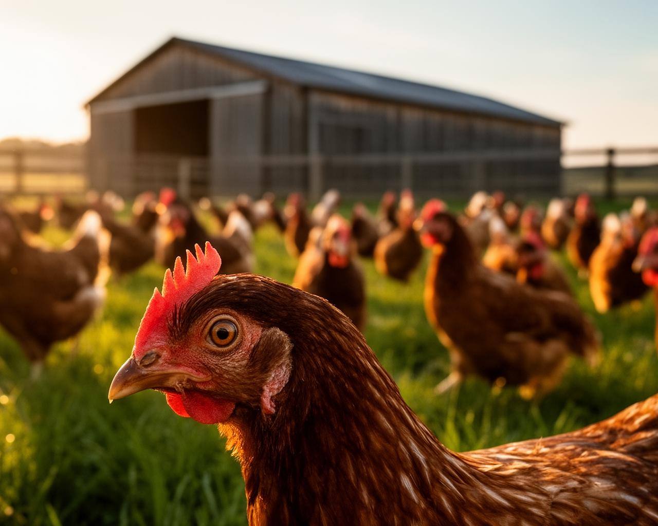 Free-range hens on green pasture near a barn at sunset