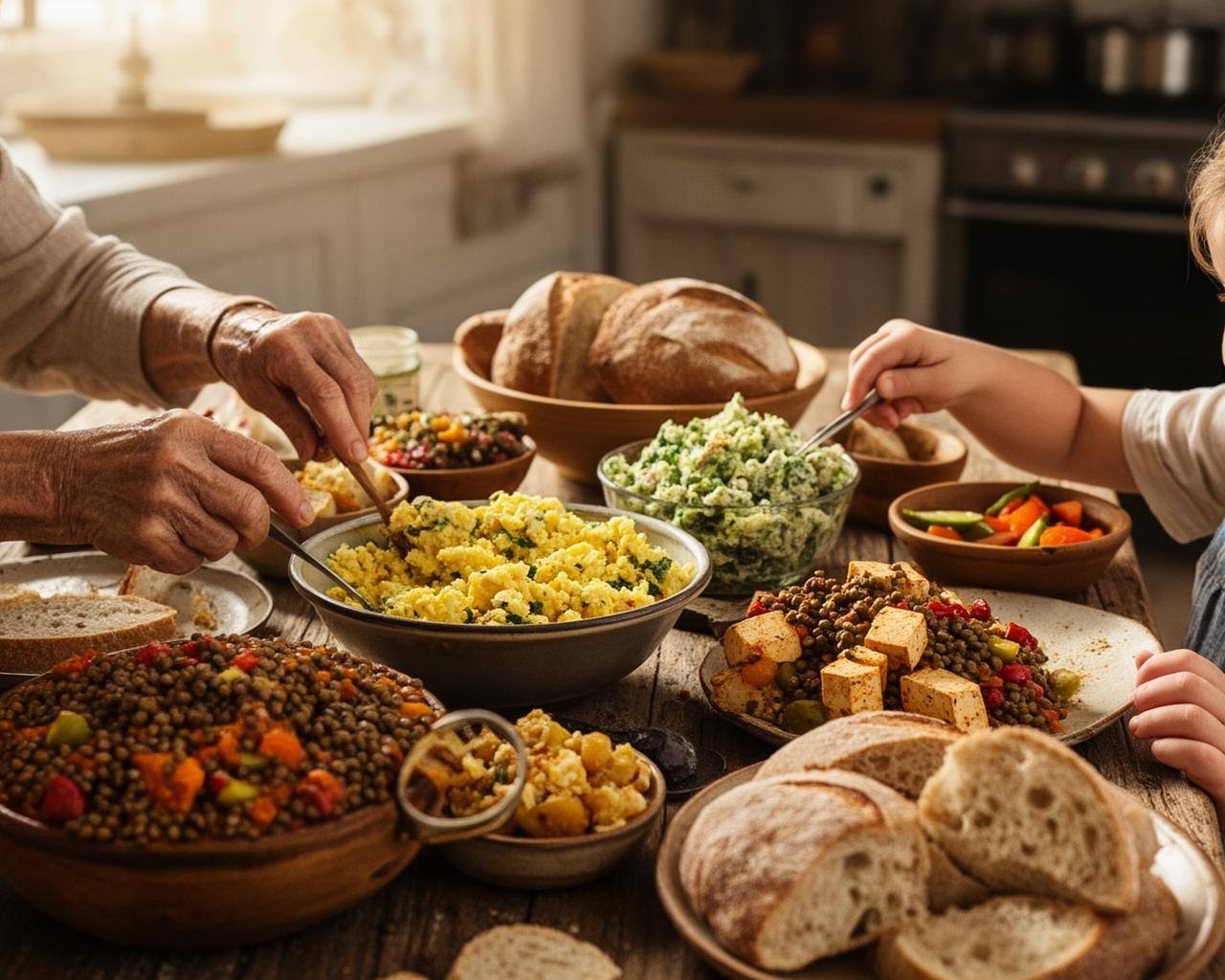 Vegane Familienküche mit bunten Gerichten und Händen am Tisch