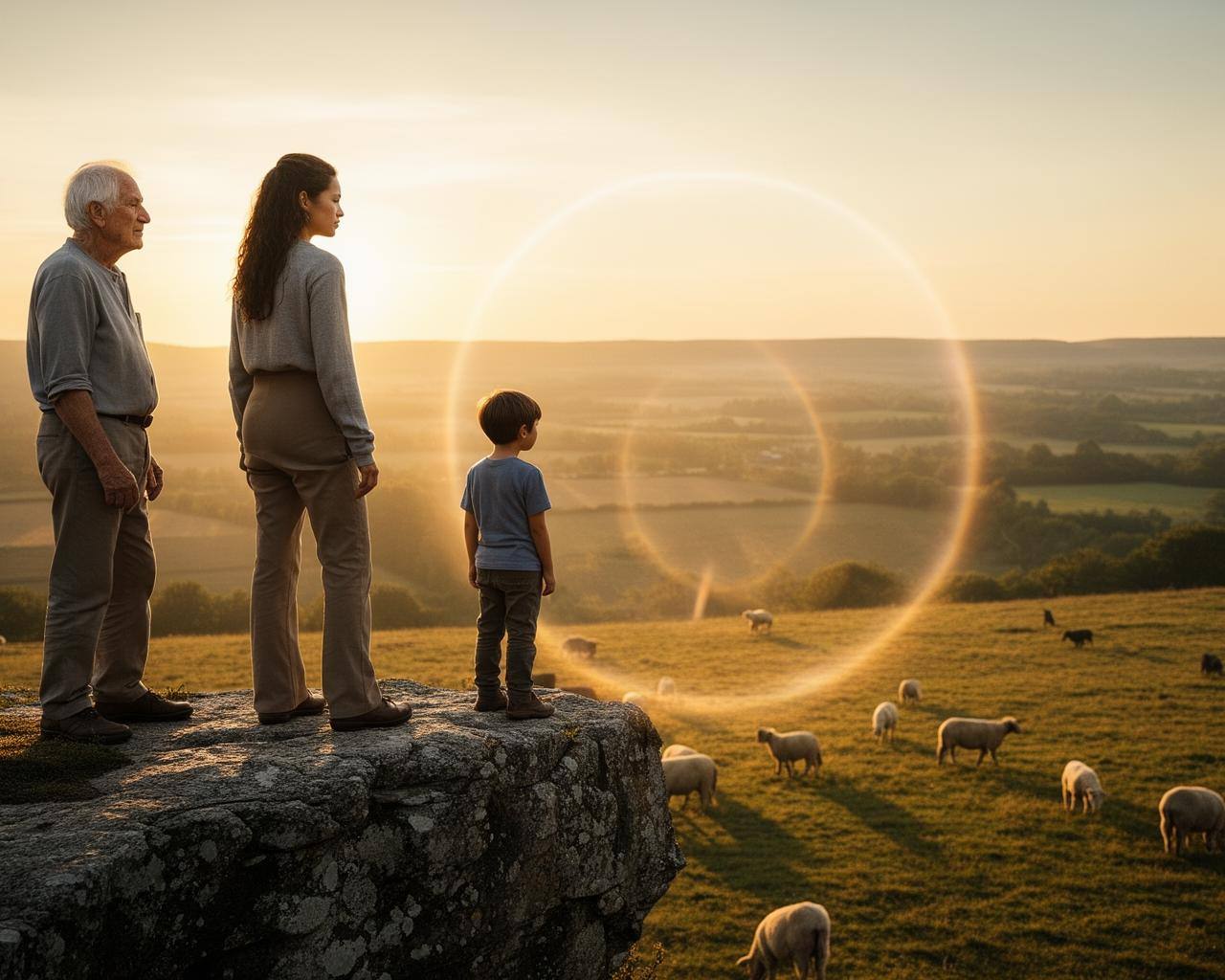 People on a cliff casting a warm circle of light over animals in a valley below