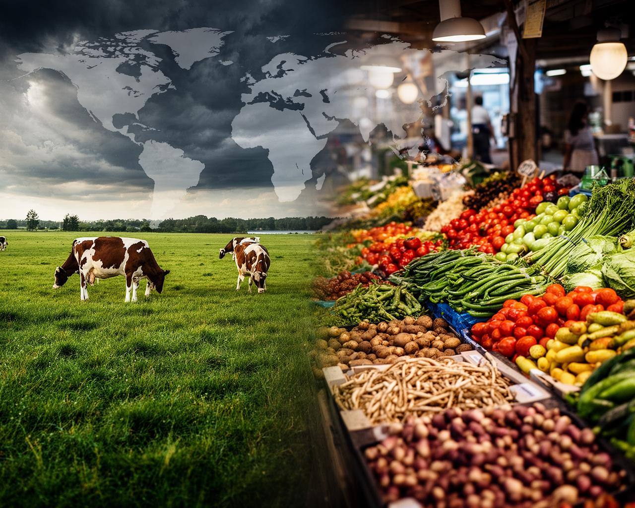 Comparação visual entre pasto de gado e vegetais importados