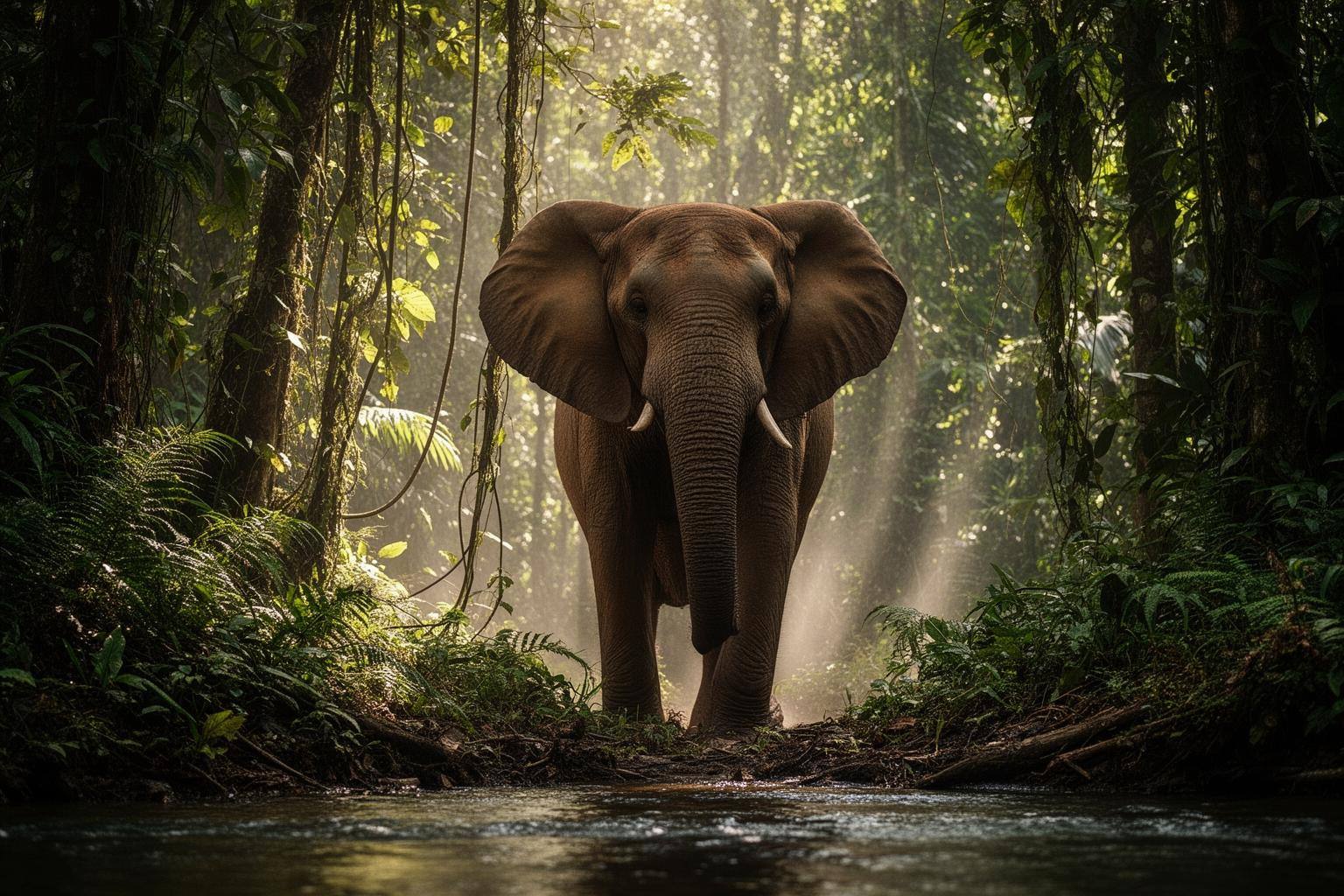 Elefante africano de bosque caminando en la selva tropical del Congo