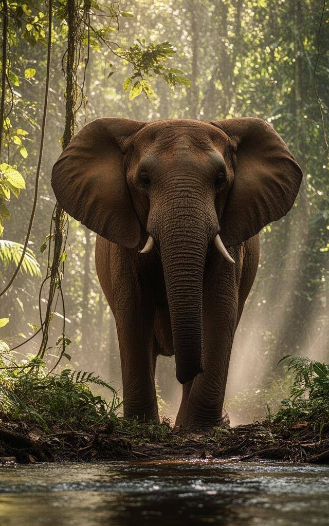 Elefante africano de bosque caminando en la selva tropical del Congo