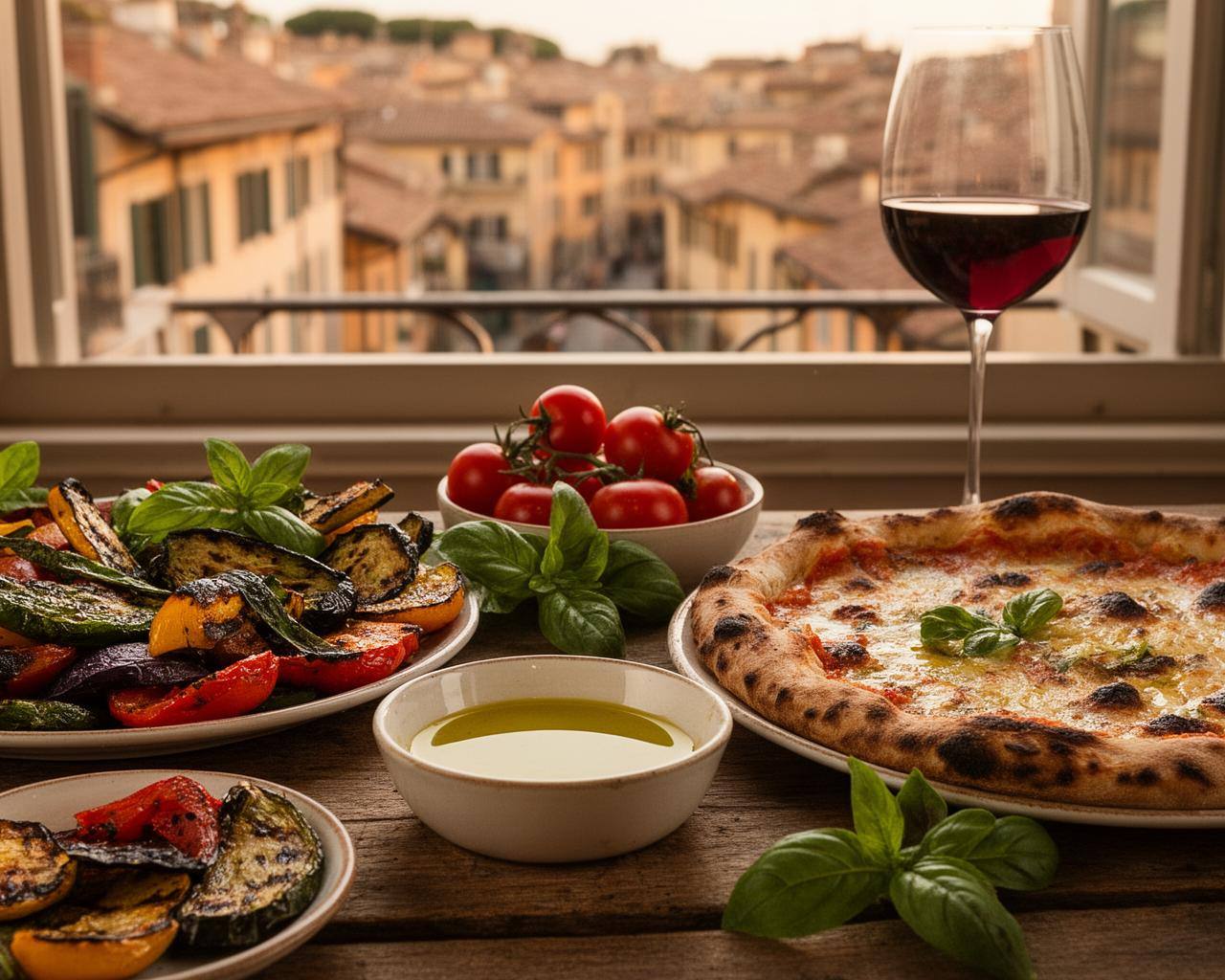 Vibrant vegan Italian feast with grilled vegetables and pizza