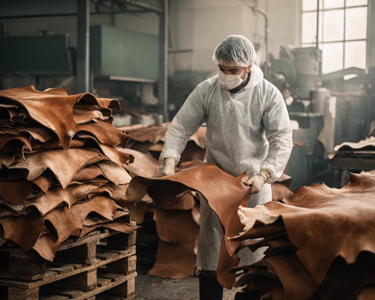 Tannerie moderne avec des peaux de bovins et un ouvrier