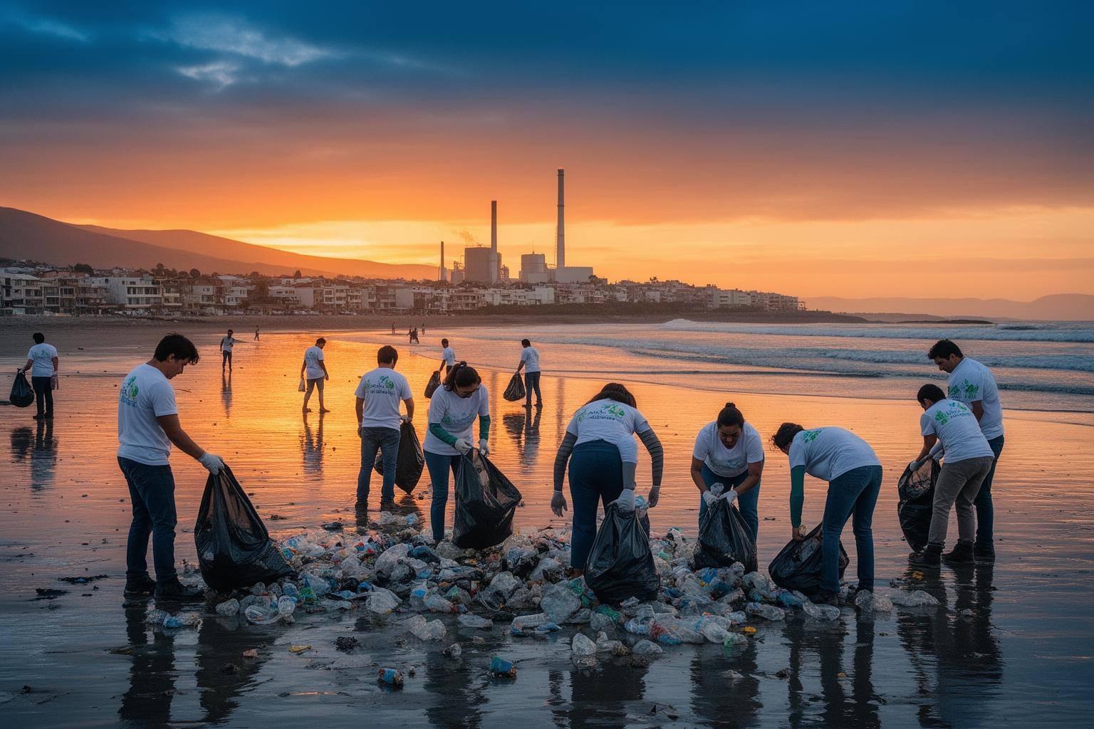 Voluntarios recogen plásticos en playa de Chile con atardecer de fondo