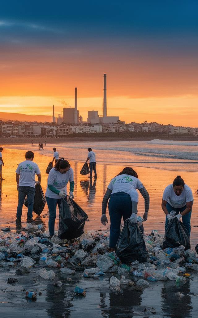 Voluntarios recogen plásticos en playa de Chile con atardecer de fondo