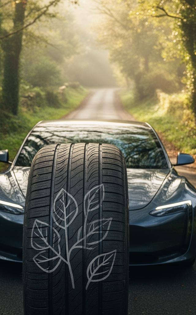 Electric car with vegan tires on UK country road, highlighting sustainable tire production