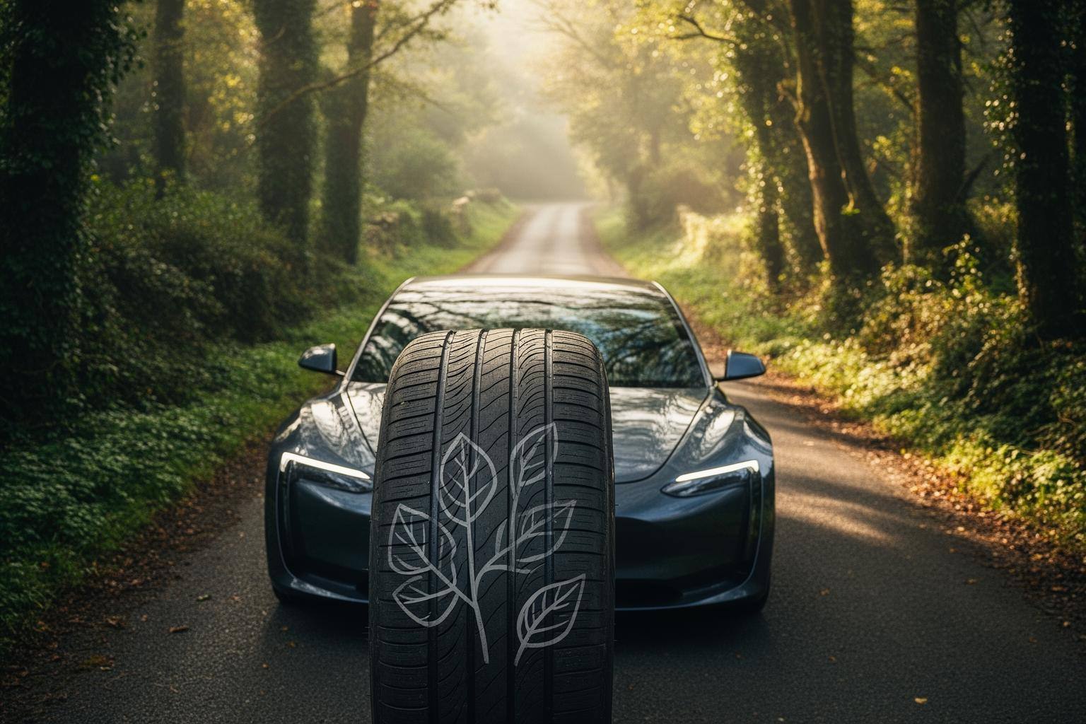 Electric car with vegan tires on UK country road, highlighting sustainable tire production