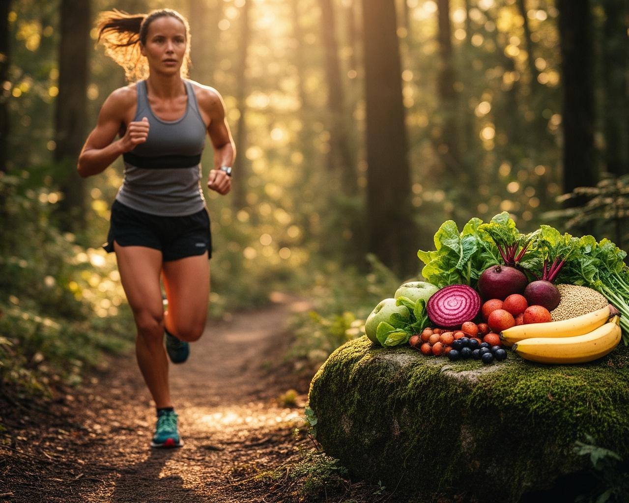 Trail runner with fresh plant foods arranged nearby in golden light