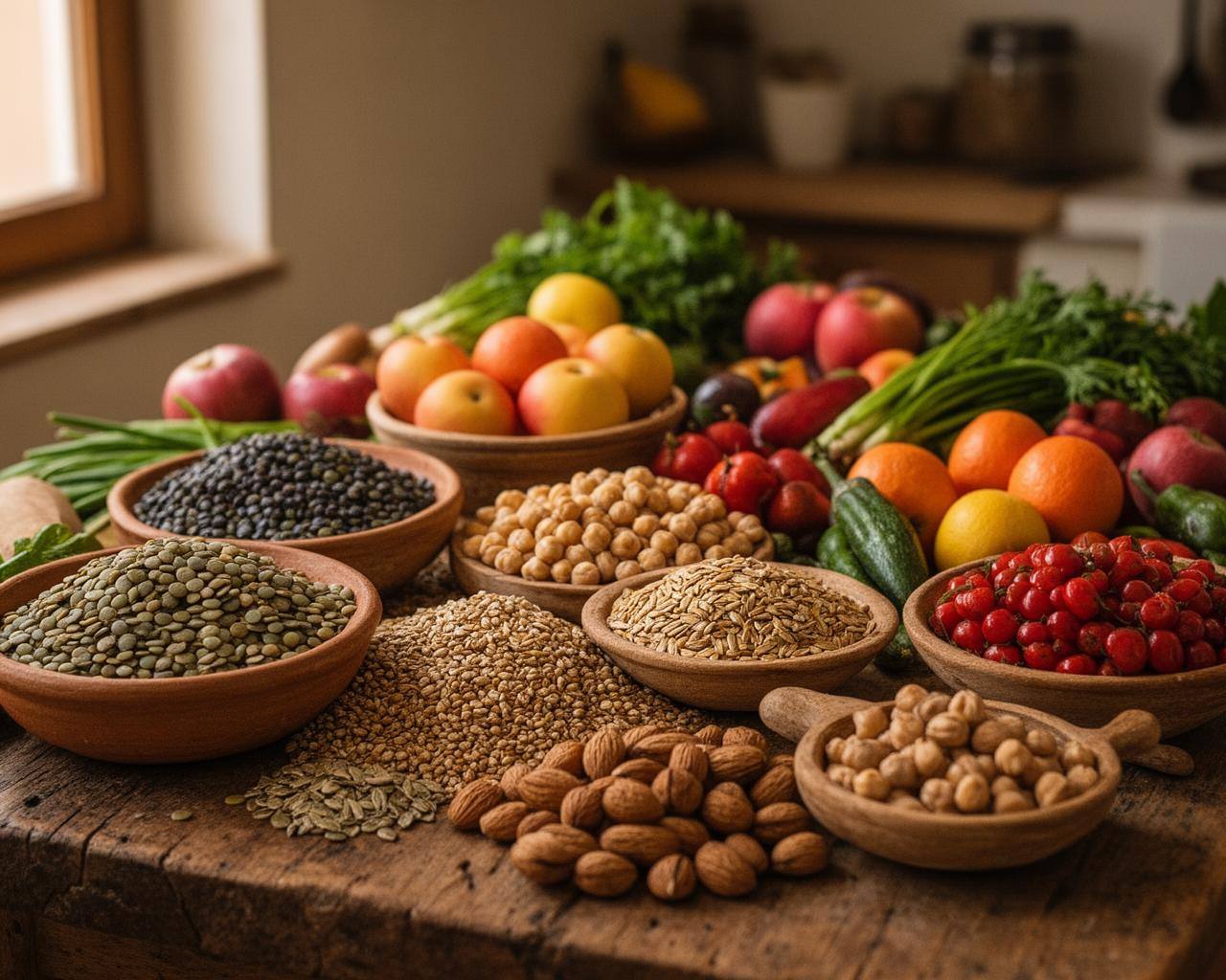 Mesa española con alimentos vegetales integrales variados y coloridos