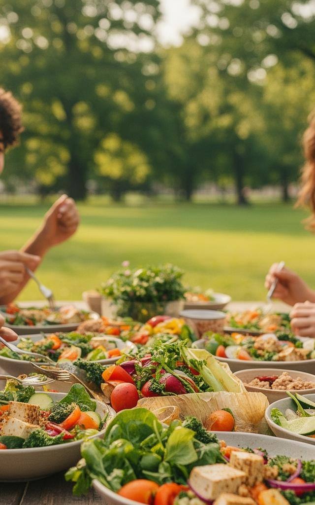 Vegan teenage friends sharing a nutritious plant-based meal outdoors, supporting vegan teen health.