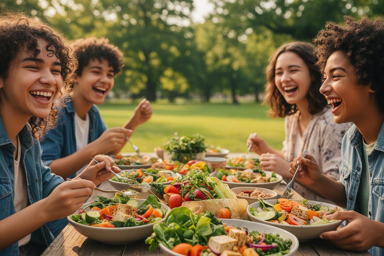 Vegan teenage friends sharing a nutritious plant-based meal outdoors, supporting vegan teen health.