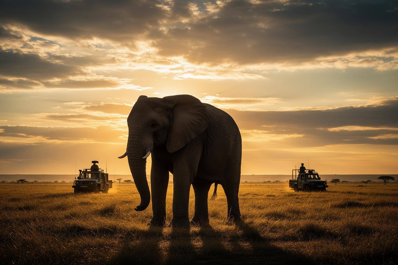Éléphant d'Afrique dans la savane au coucher du soleil, symbole de la protection des espèces menacées