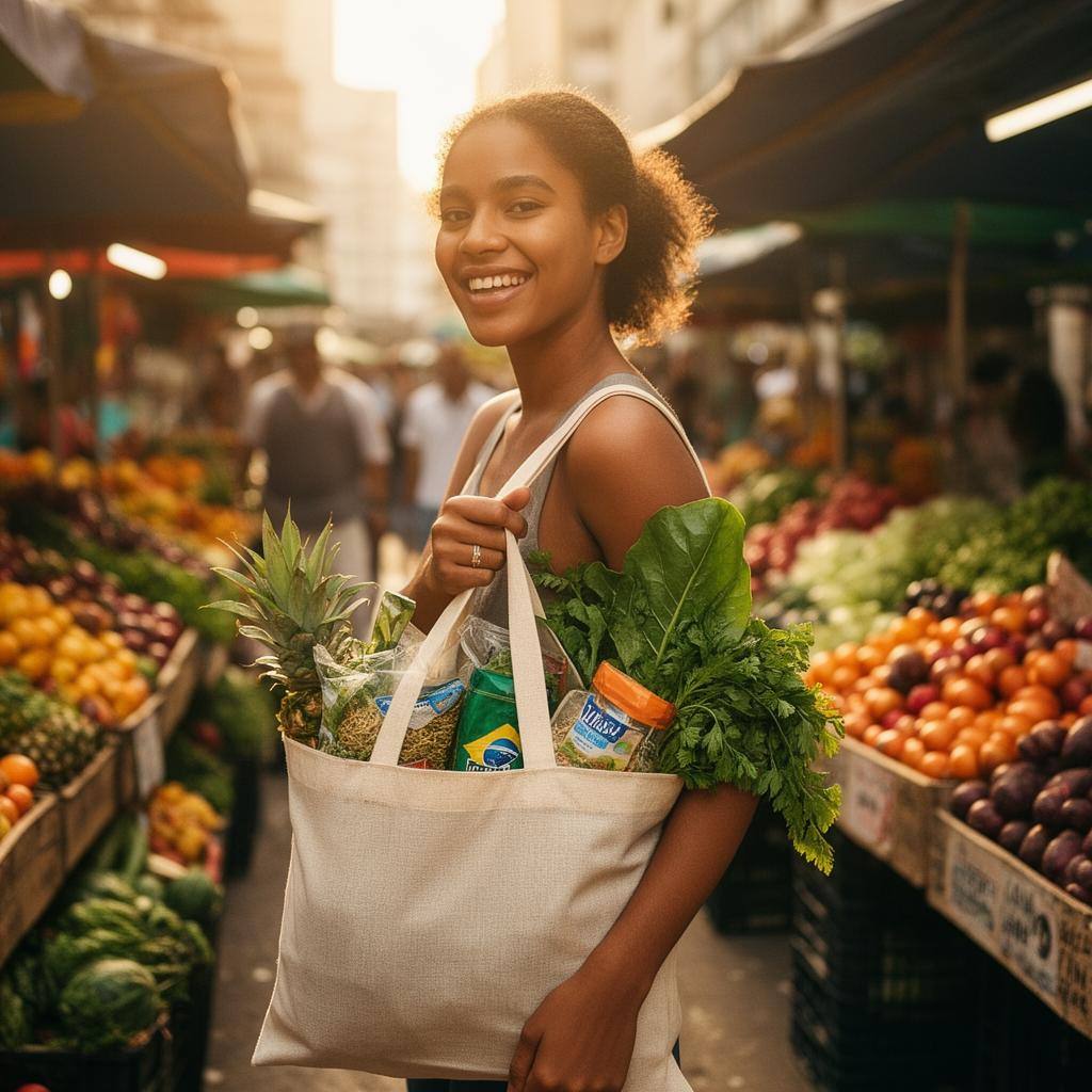 Group of friends at a Vermont farmers market holding bags of vegetables