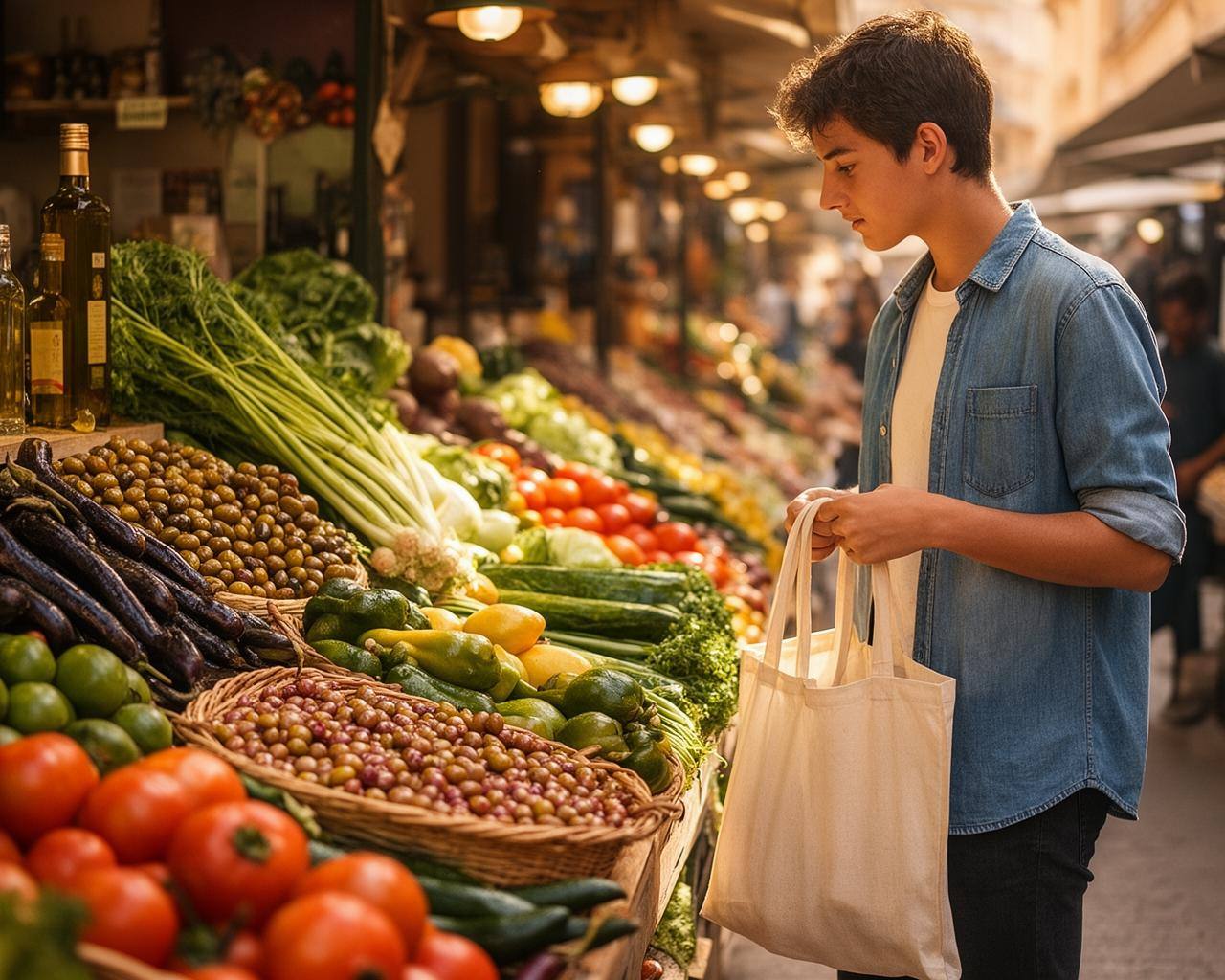 Mercado espanhol com legumes frescos e azeite, pessoa jovem comprando.