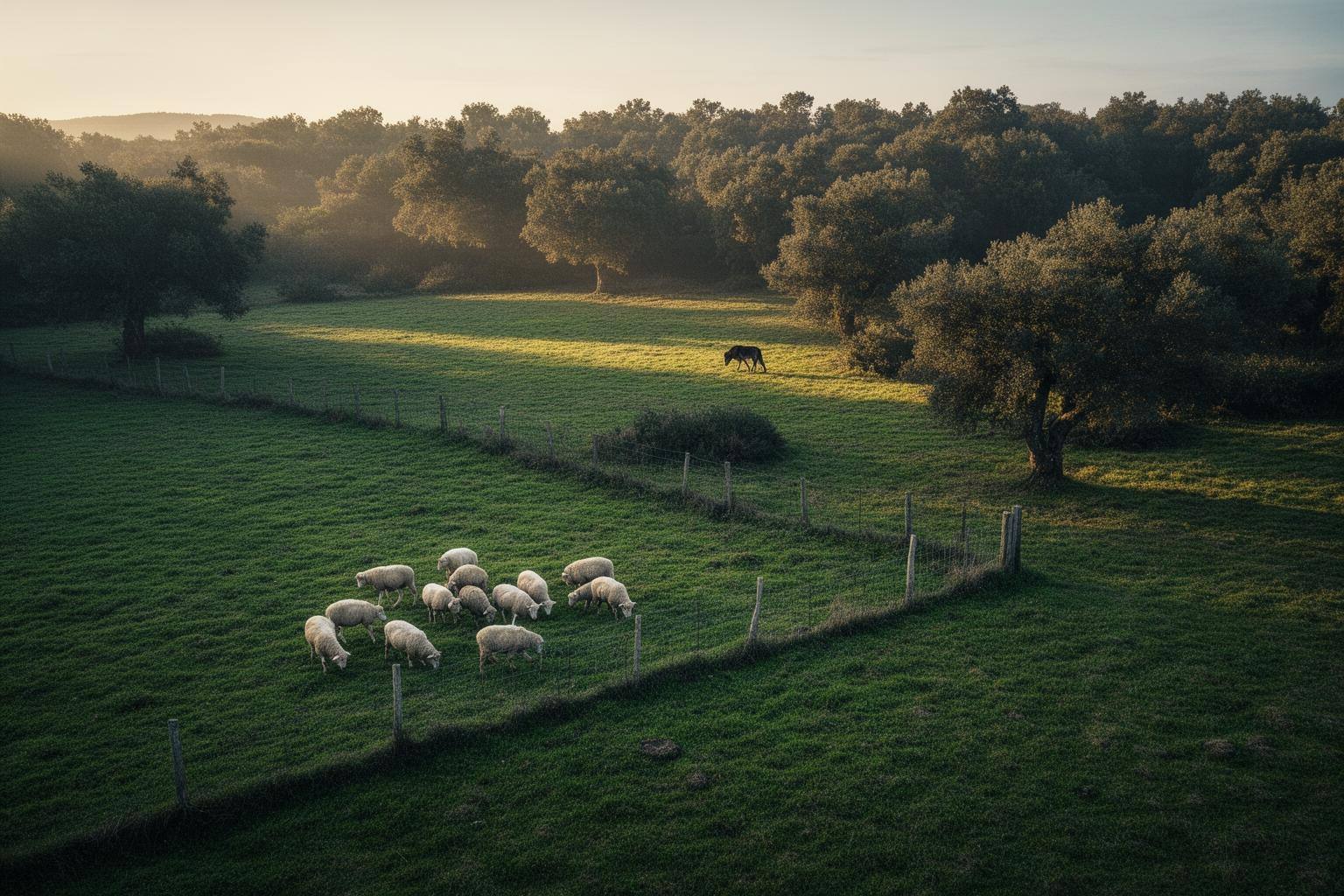 Paisaje rural con lobo ibérico y ganado en coexistencia