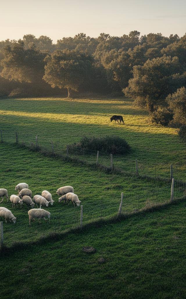 Paisaje rural con lobo ibérico y ganado en coexistencia