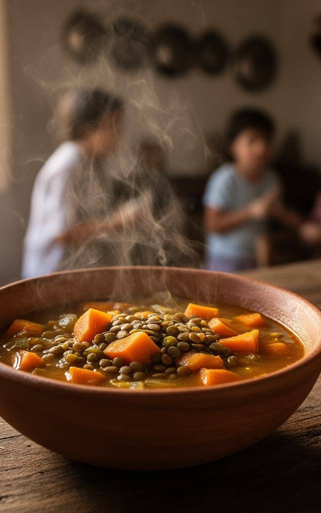 Guiso vegano argentino en un bowl de cerámica, con lentejas y vegetales de estación