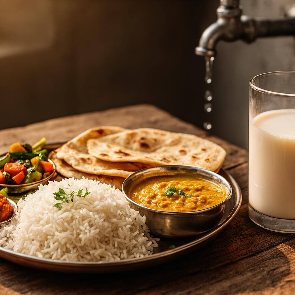परंपरागत थाली में दाल, चावल, सब्जियां और पादप-आधारित दही रखा हुआ है, पीछे सूखी धरती दिख रही है।