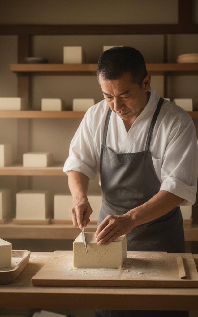 豆腐職人が木製の棚で豆腐を丁寧に切っている様子。伝統的な和の空間で、豆腐の誤解を解くためのイメージ。
