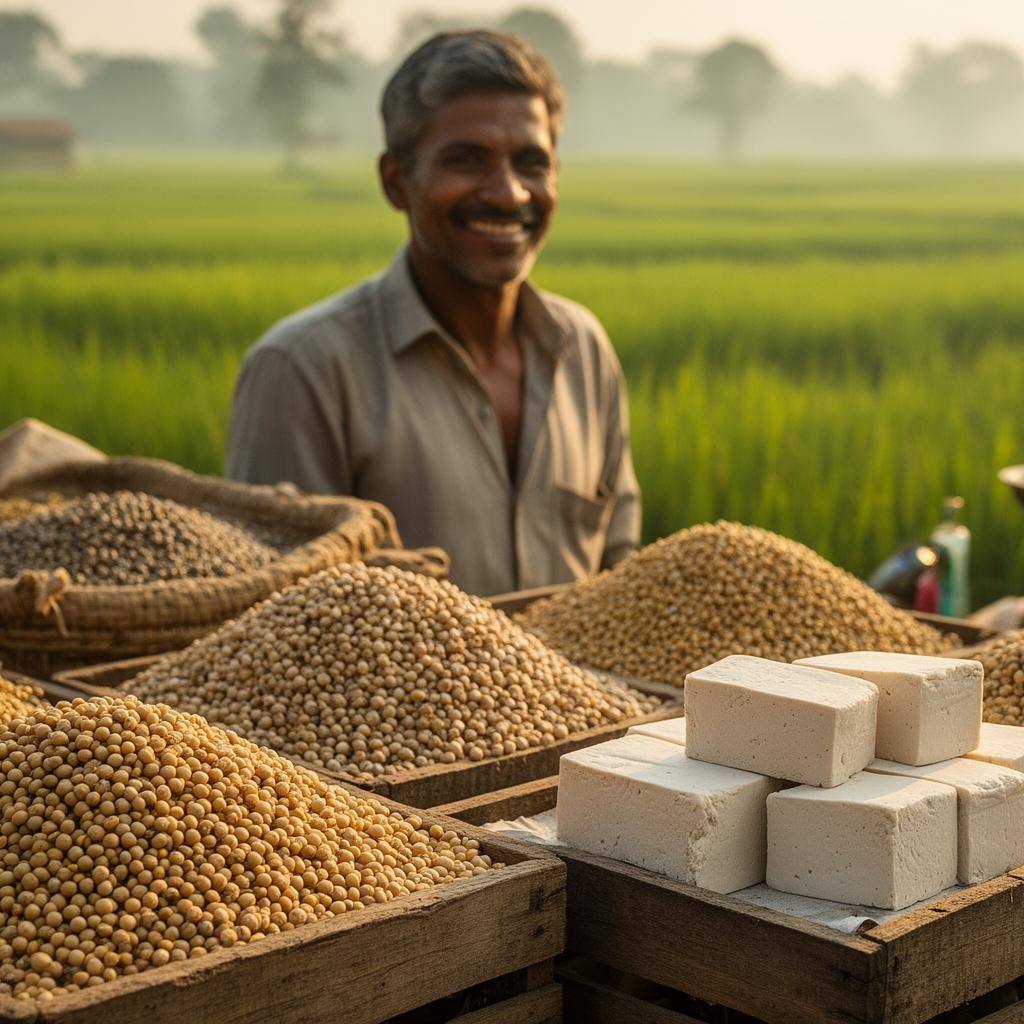 农民手握豌豆,旁边有碳足迹测量设备
