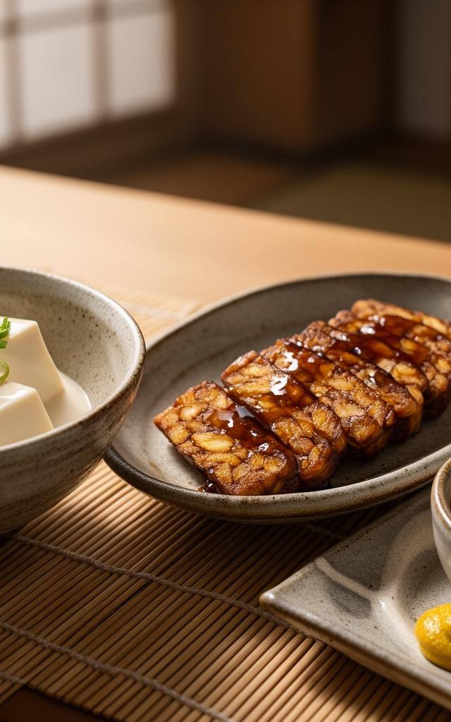 豆腐、テンペ、納豆を並べた日本の朝食テーブル、2026年トレンドの植物性たんぱく質比較