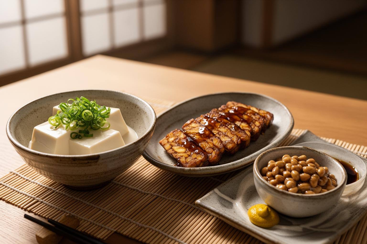 豆腐、テンペ、納豆を並べた日本の朝食テーブル、2026年トレンドの植物性たんぱく質比較