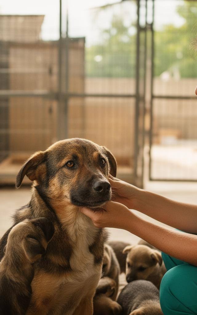 Ley Chucho bienestar animal: perra con cachorros en refugio español, ejemplo de protección canina bajo la nueva ley.