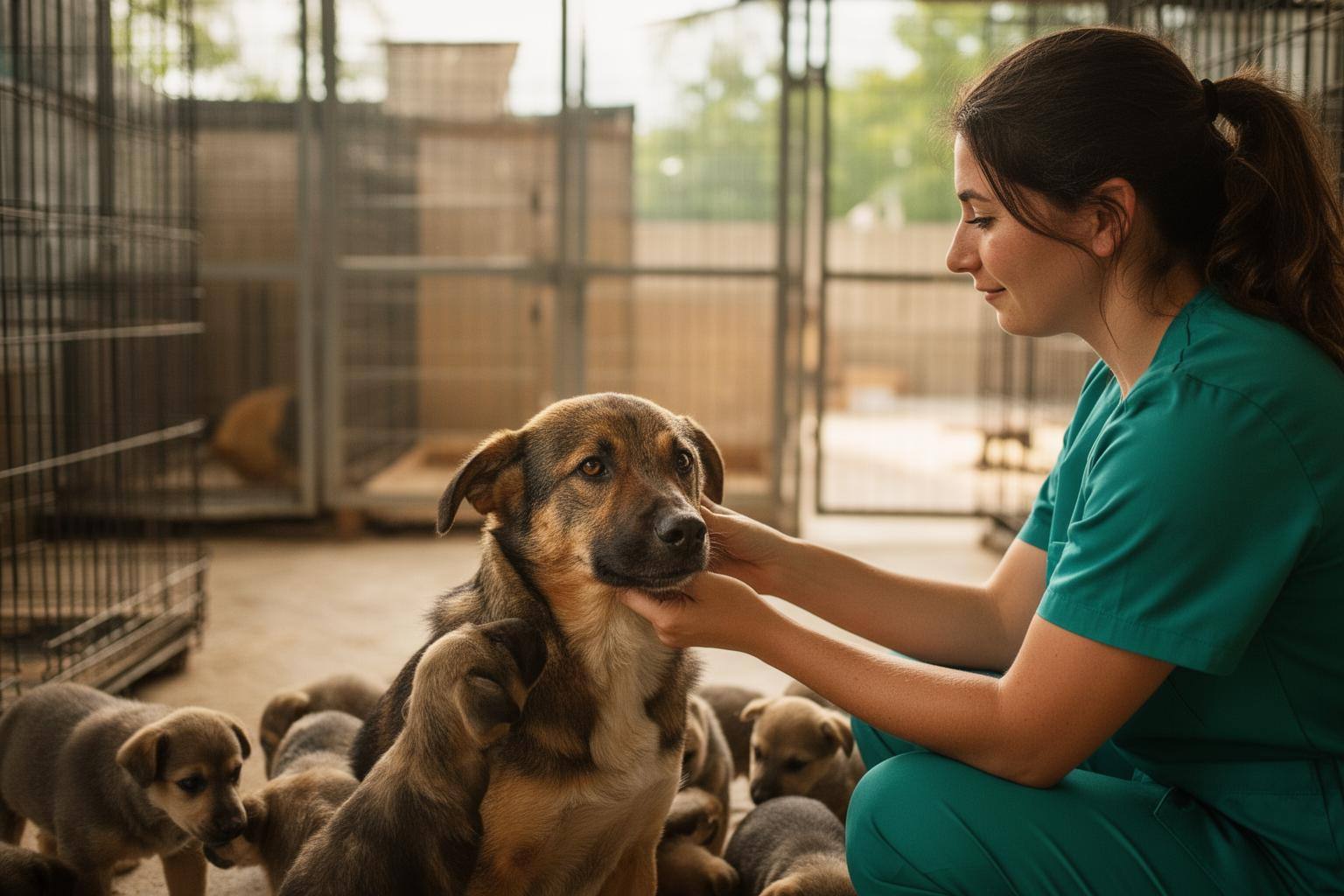 Ley Chucho bienestar animal: perra con cachorros en refugio español, ejemplo de protección canina bajo la nueva ley.