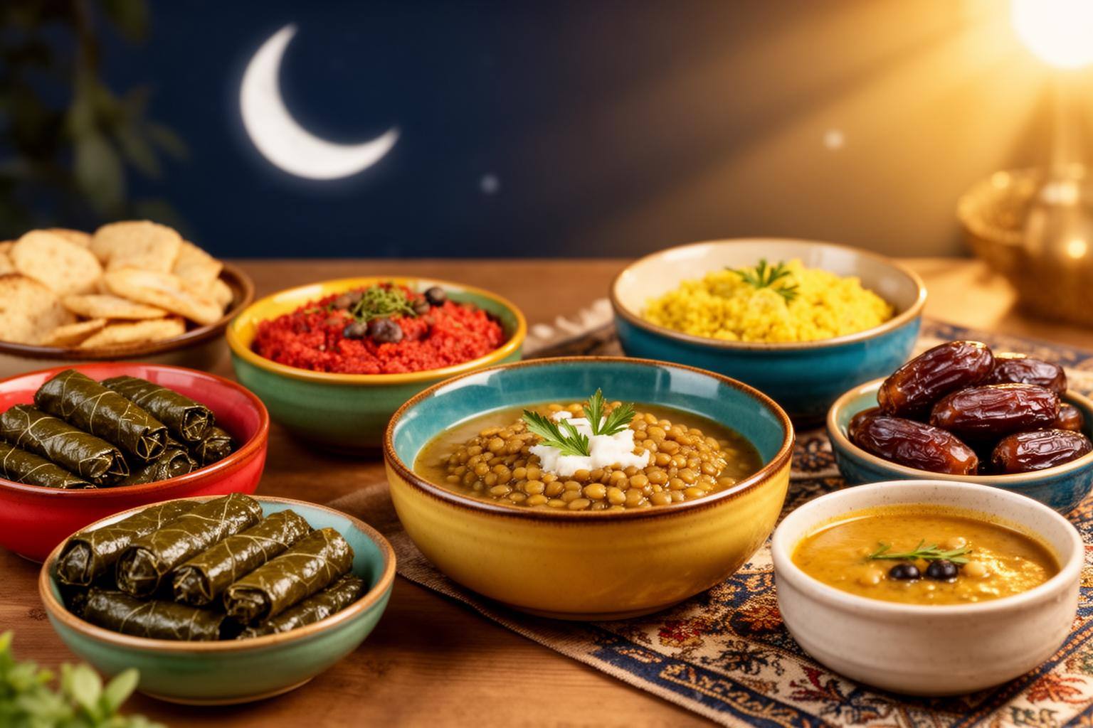طاولة إفطار نباتي ملونة في رمضان 2026 مع أطباق متنوعة