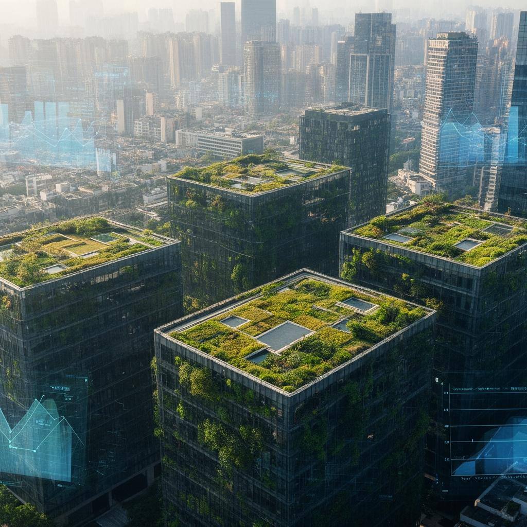 企业高管在会议室审阅可持续报告，背景屏幕显示动物和植物图标