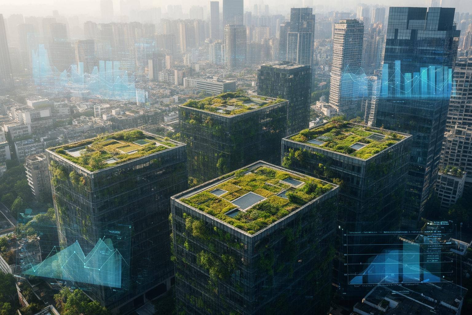 中国可持续披露新规下，城市绿色建筑与数据图表交相辉映，体现透明与责任