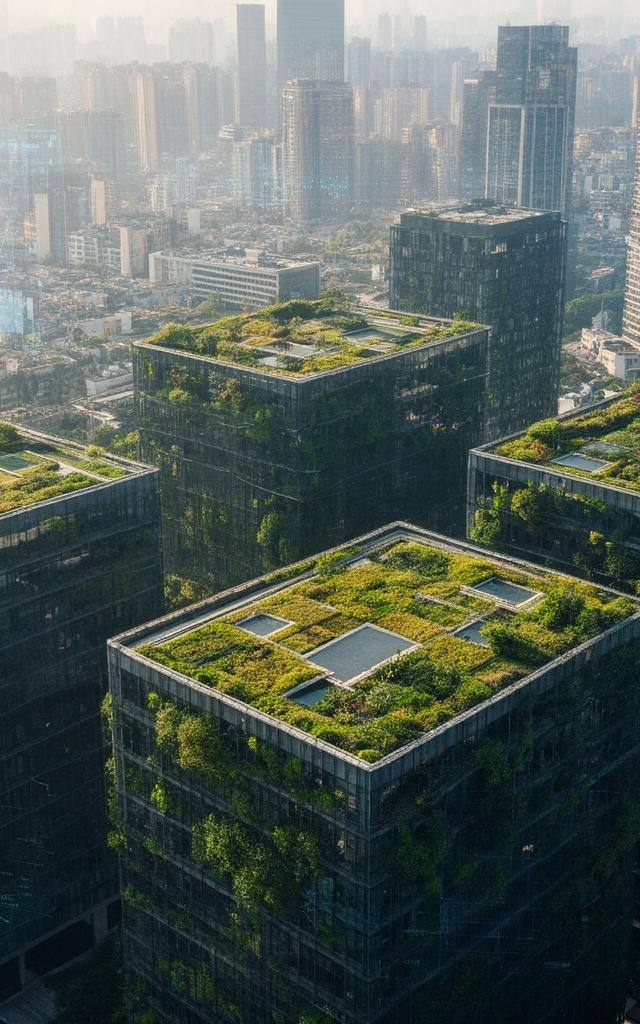 中国可持续披露新规下，城市绿色建筑与数据图表交相辉映，体现透明与责任