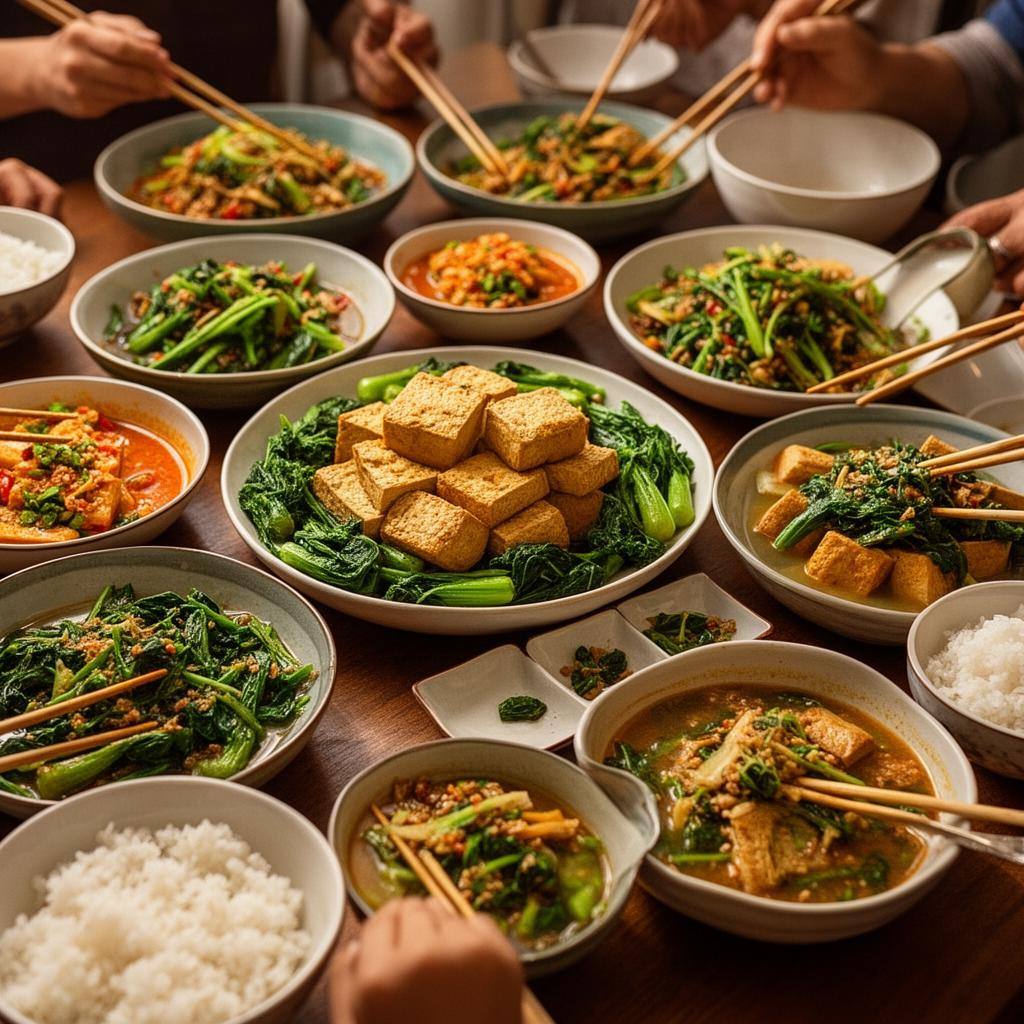 Veganes Essen im Restaurant in Berlin, Freundesgruppe probiert bunte pflanzliche Gerichte