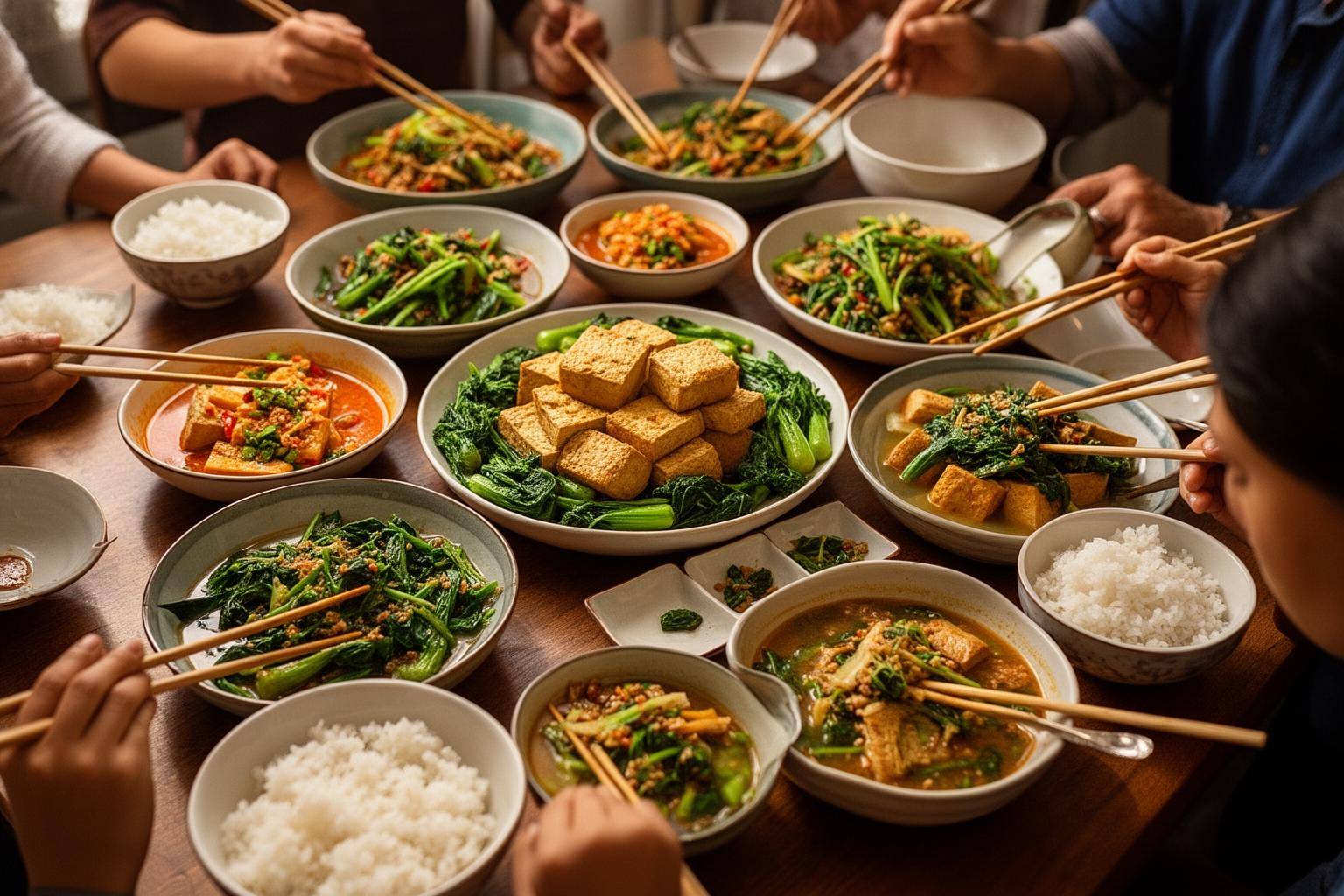 纯素晚餐桌上摆满豆腐、蔬菜和米饭,展现素食入门健康样式