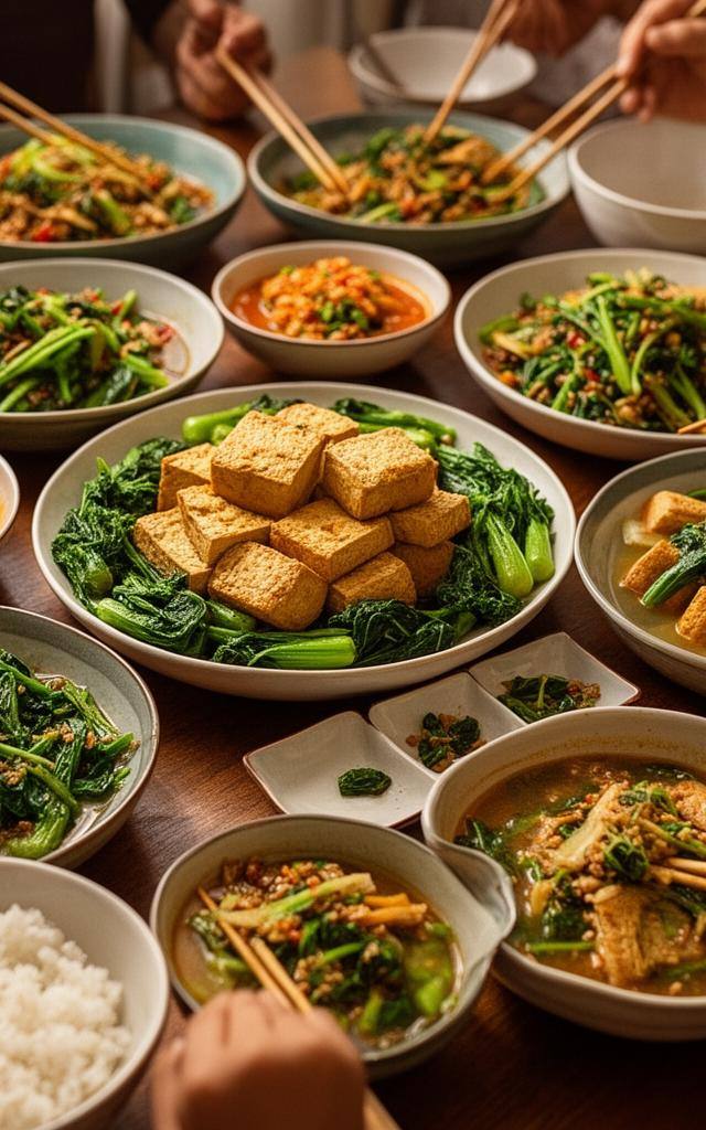 纯素晚餐桌上摆满豆腐、蔬菜和米饭,展现素食入门健康样式