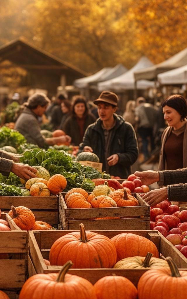 Bancas coloridas de feira com produtos sazonais como abóbora, maçãs e couves, representando escolhas alimentares conscientes