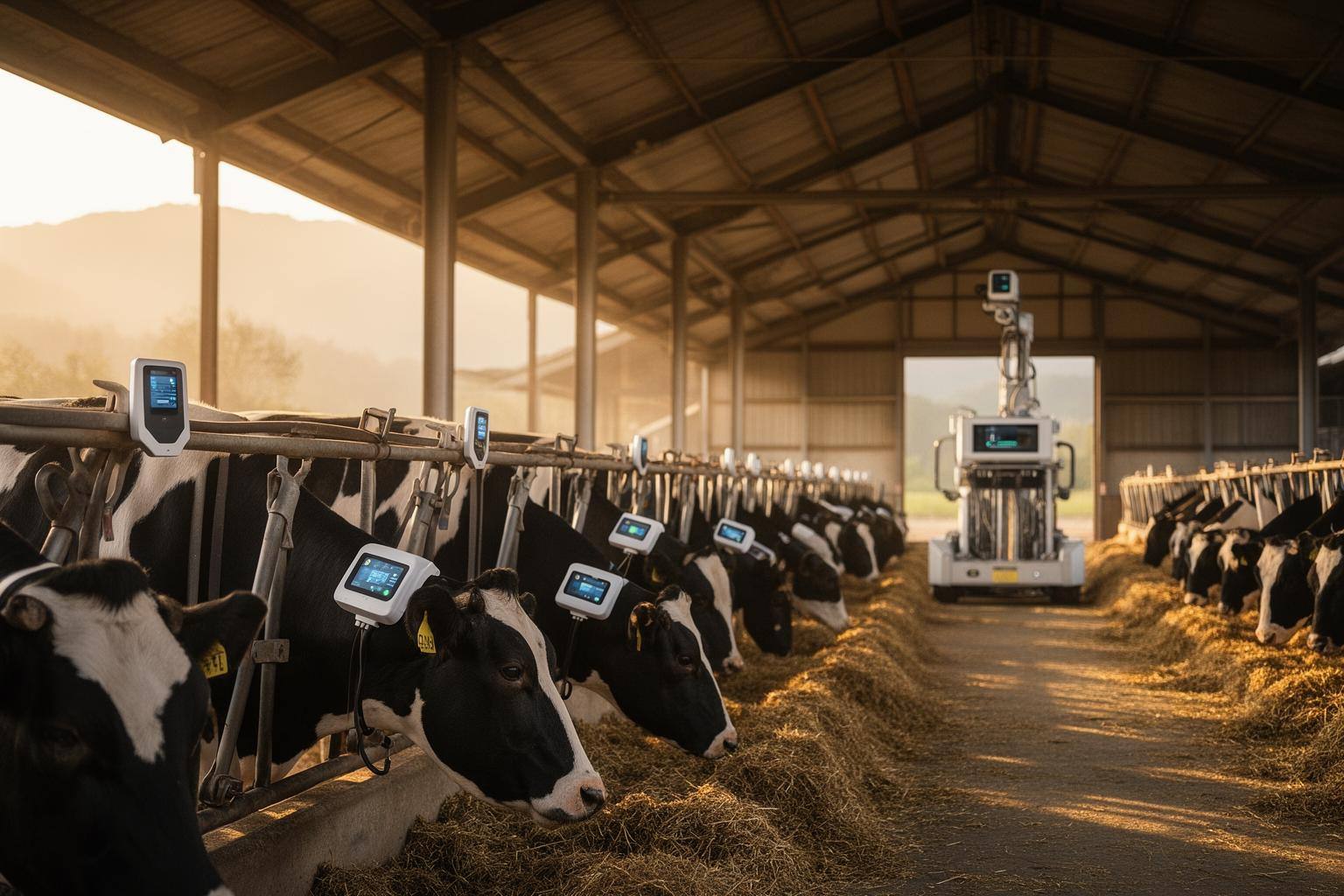 未来的な日本の酪農場で、牛に取り付けられたIoTセンサーと自動給餌ロボットが調和する風景