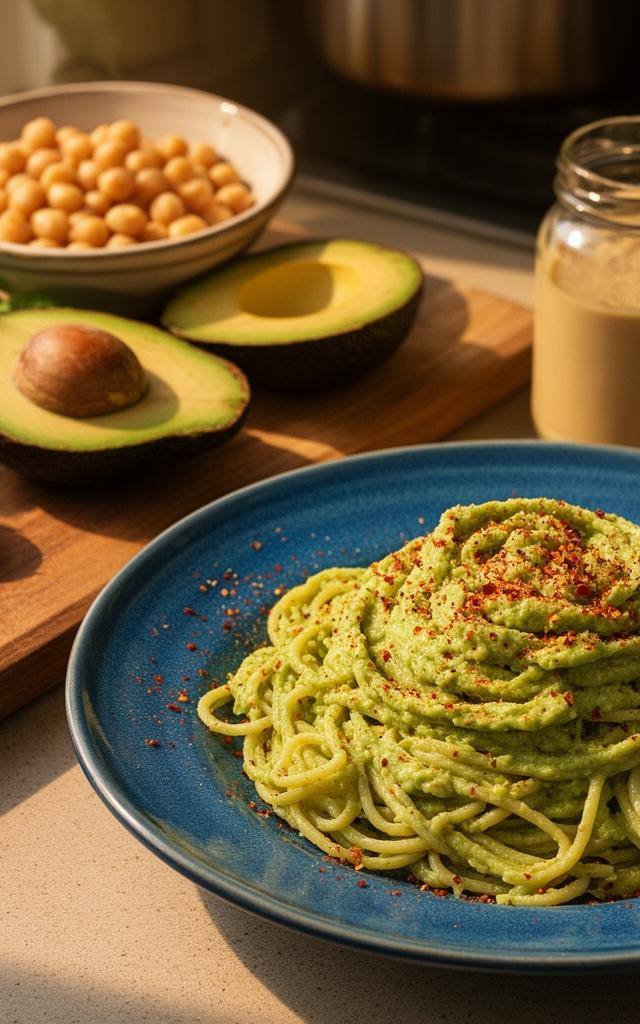 Easy plant based recipes: a 15-minute avocado pasta bowl on a wooden table with fresh ingredients around it.