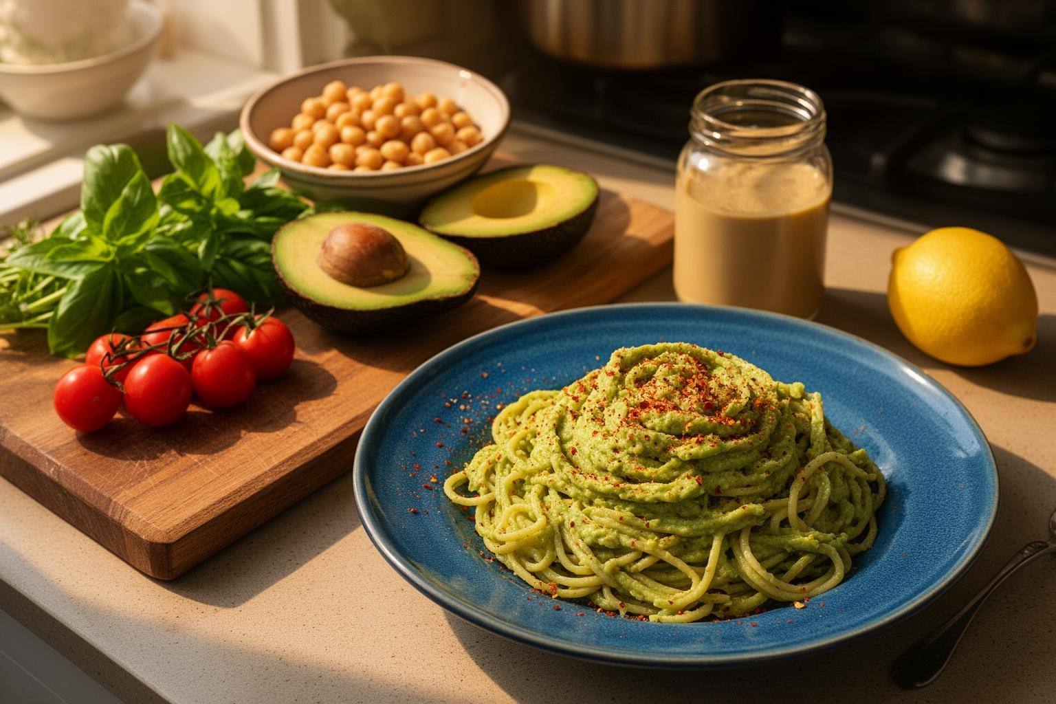Easy plant based recipes: a 15-minute avocado pasta bowl on a wooden table with fresh ingredients around it.