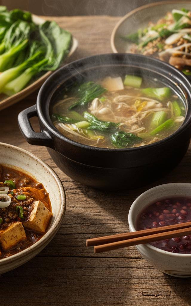 中式素食舒适食物摆盘，体现健康饮食餐盘的原则