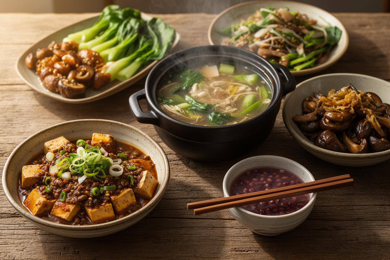 中式素食舒适食物摆盘,体现健康饮食餐盘的原则