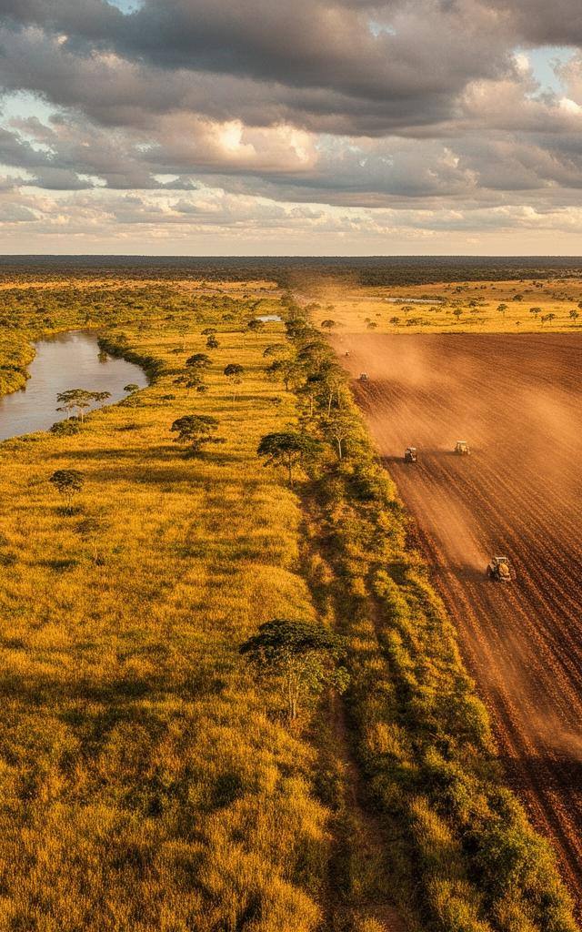 Vista aérea de fazenda de soja no Cerrado com vegetação nativa ao fundo, retratando a agricultura moderna no Brasil