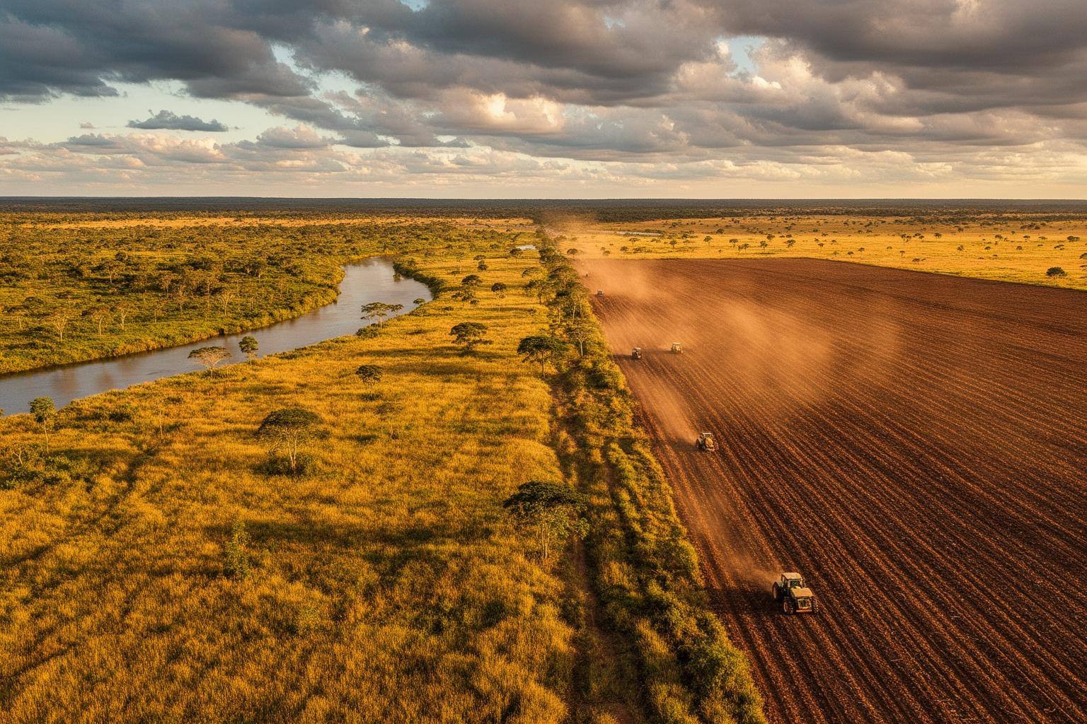 Vista aérea de fazenda de soja no Cerrado com vegetação nativa ao fundo, retratando a agricultura moderna no Brasil
