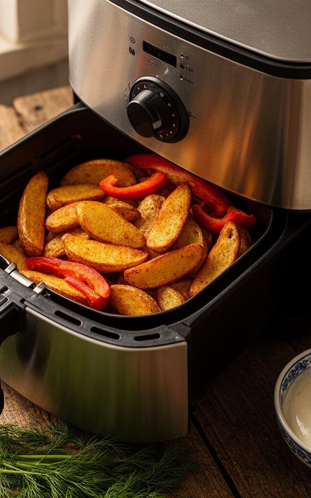 Аэрогриль с золотистым картофелем и овощами на деревянном столе — веганские блюда в аэрогриле