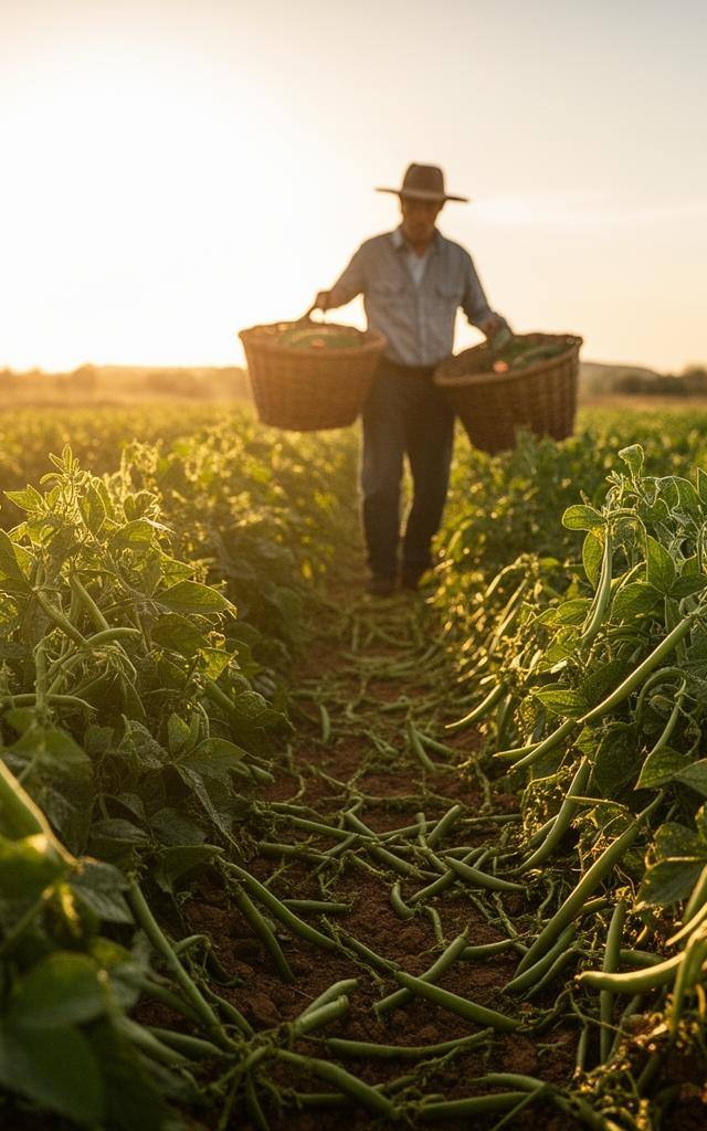 Campo de feijão em Portugal ao entardecer, com o sol a brilhar sobre as plantas