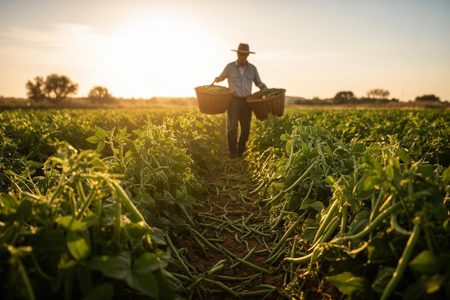 Campo de feijão em Portugal ao entardecer, com o sol a brilhar sobre as plantas