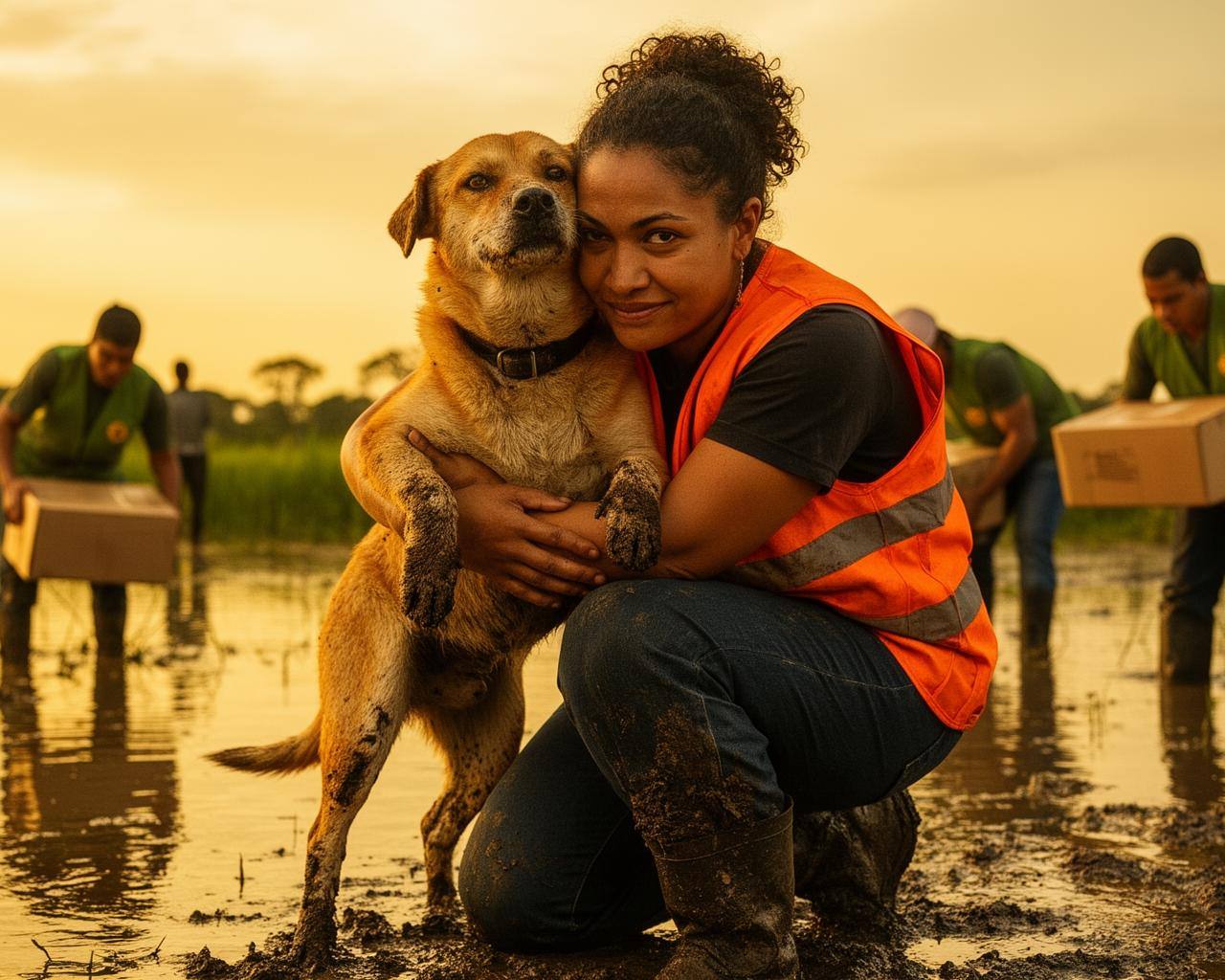 Voluntária da Asa Brasil abraçando cão resgatado em área de enchente